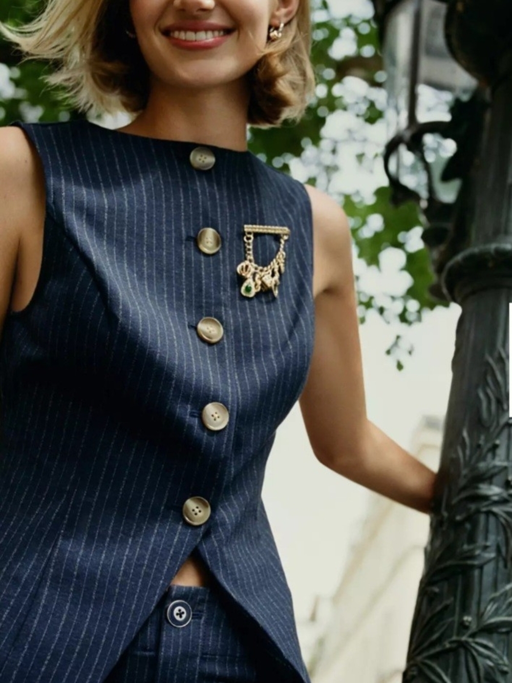Maeve Navy Pinstripe Sleeveless Blazer with Gold Buttons